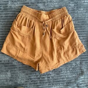 New In Womens Small Linen Viscose Shorts Brown Pockets Elastic Waist Lined